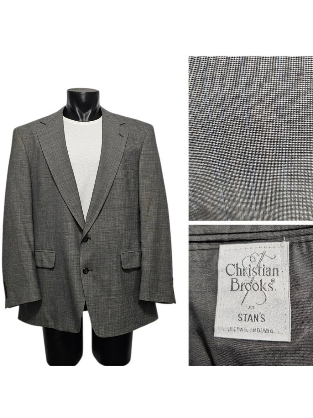 Vintage Christian Brooks Blazer Jacket Sport Coat Size 46R Gray Two Button Front